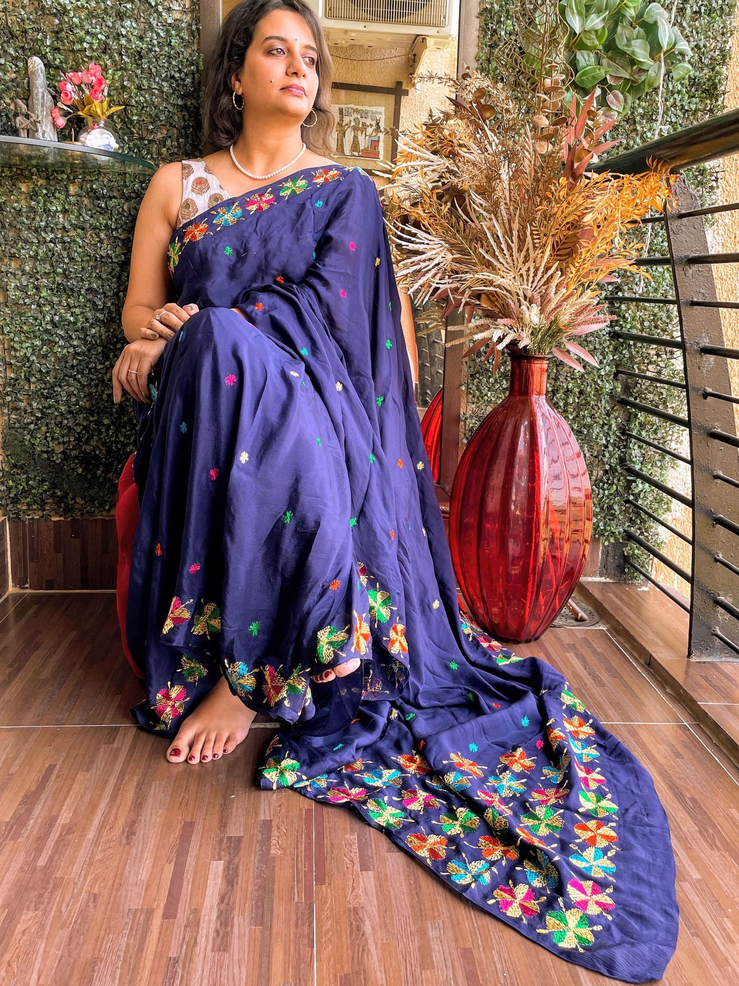 Blue Chinon Phulkari Saree