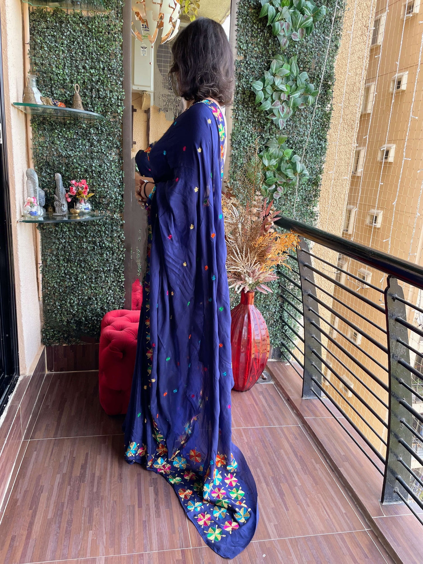 Blue Chinon Phulkari Saree