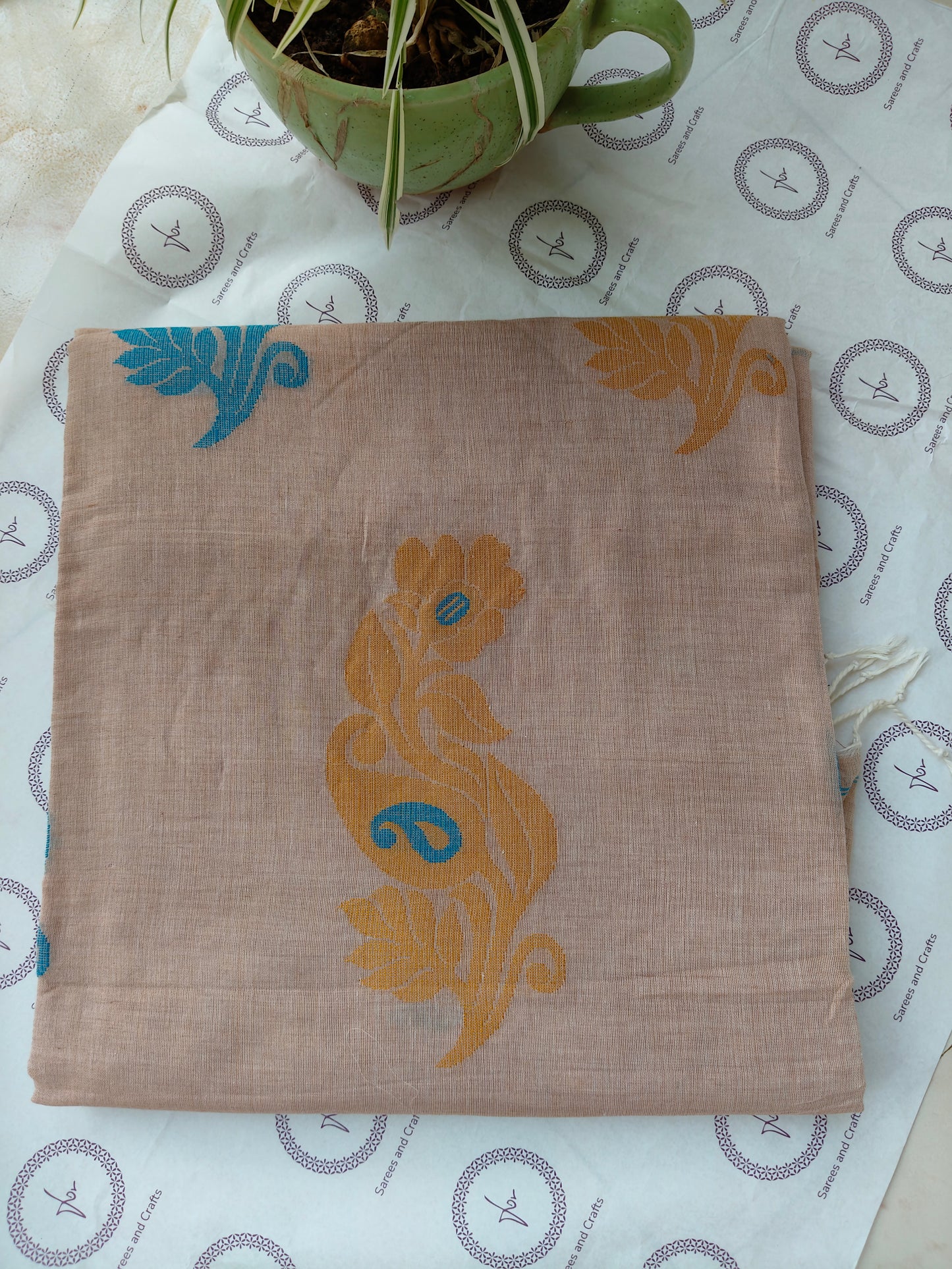 Biscuit brown- Cotton Tangail Saree I Handloom