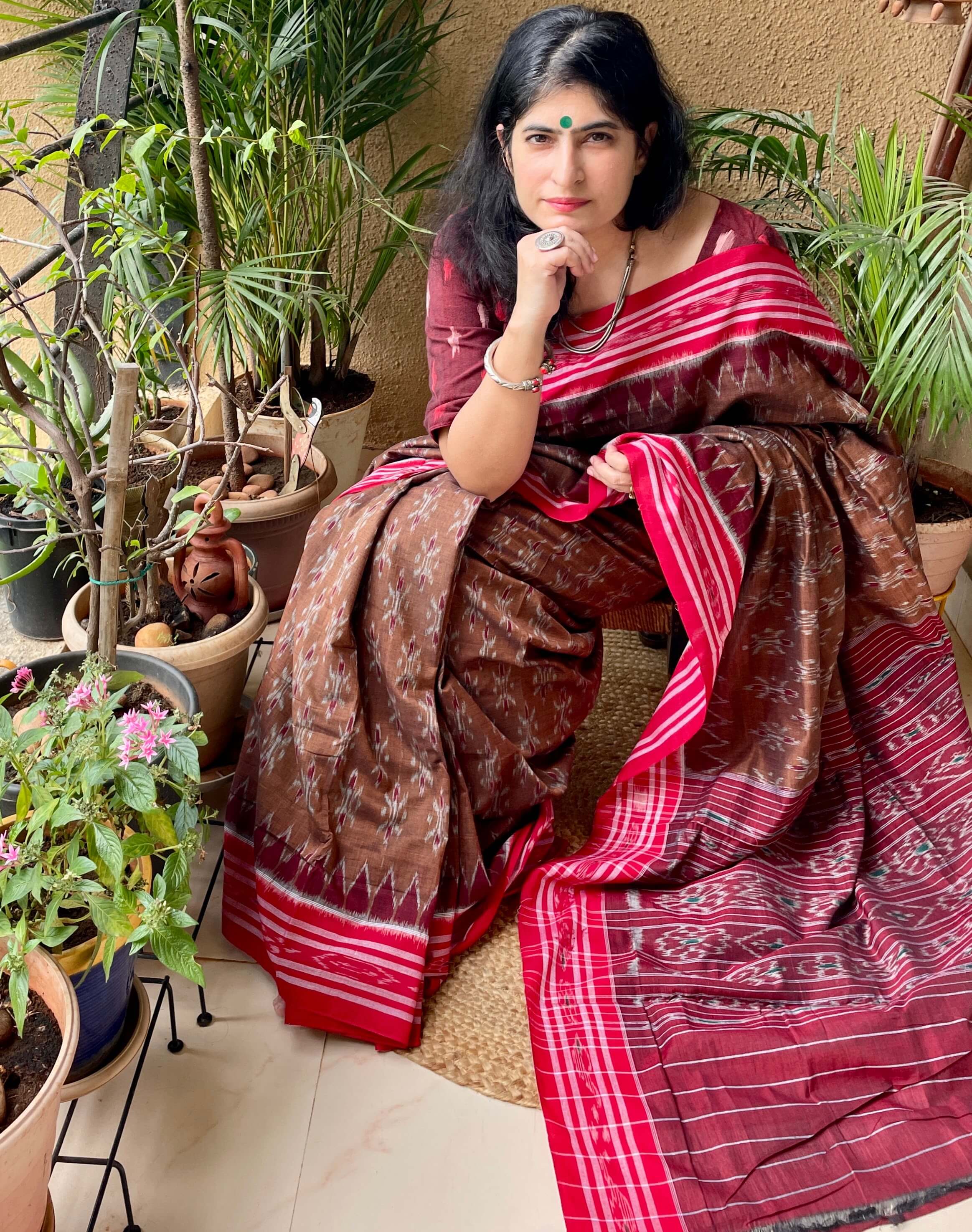Cotton Saree : Brown khadi cotton color block print saree