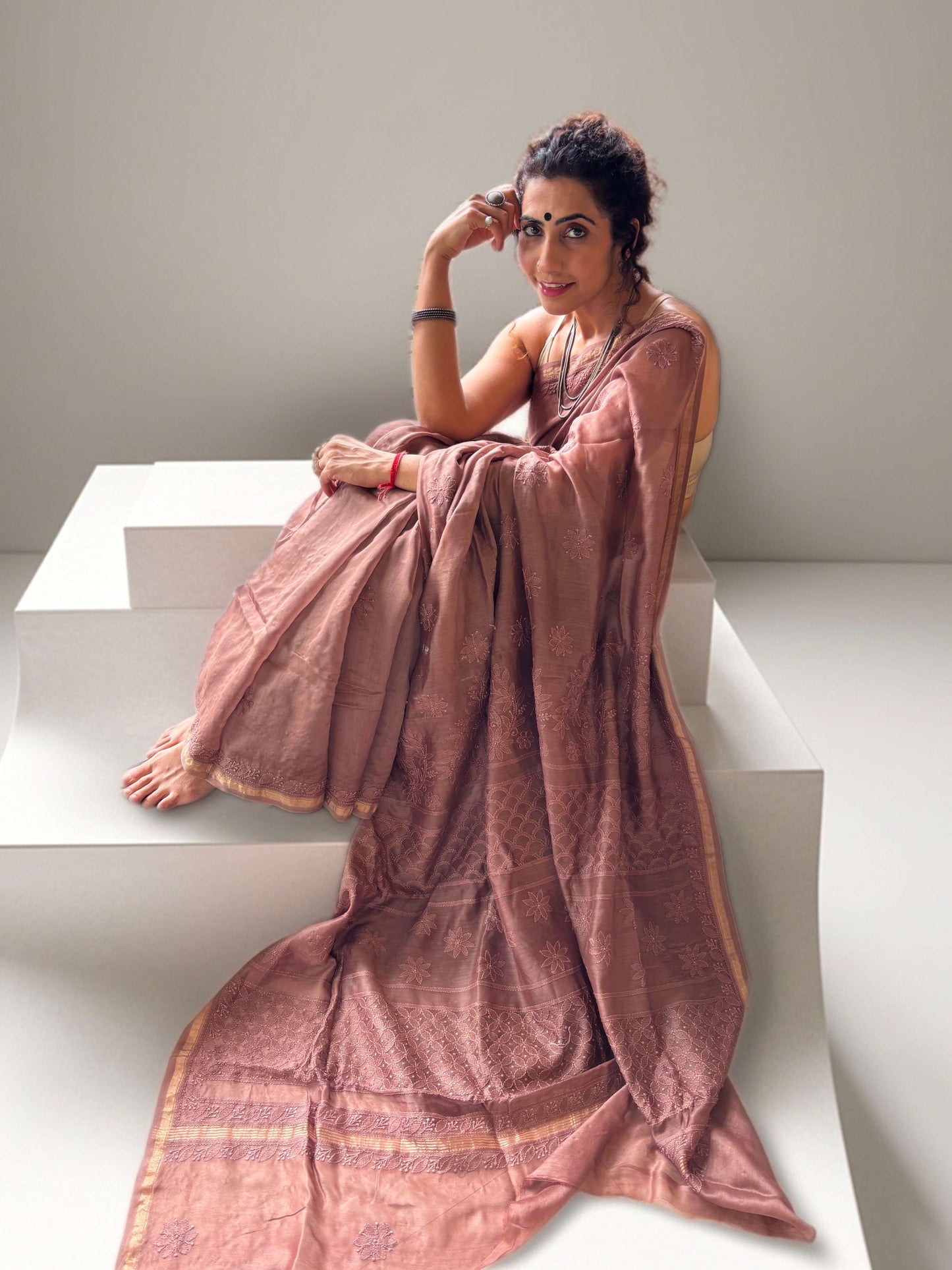 Mud brown chikankari Saree I Handcrafted
