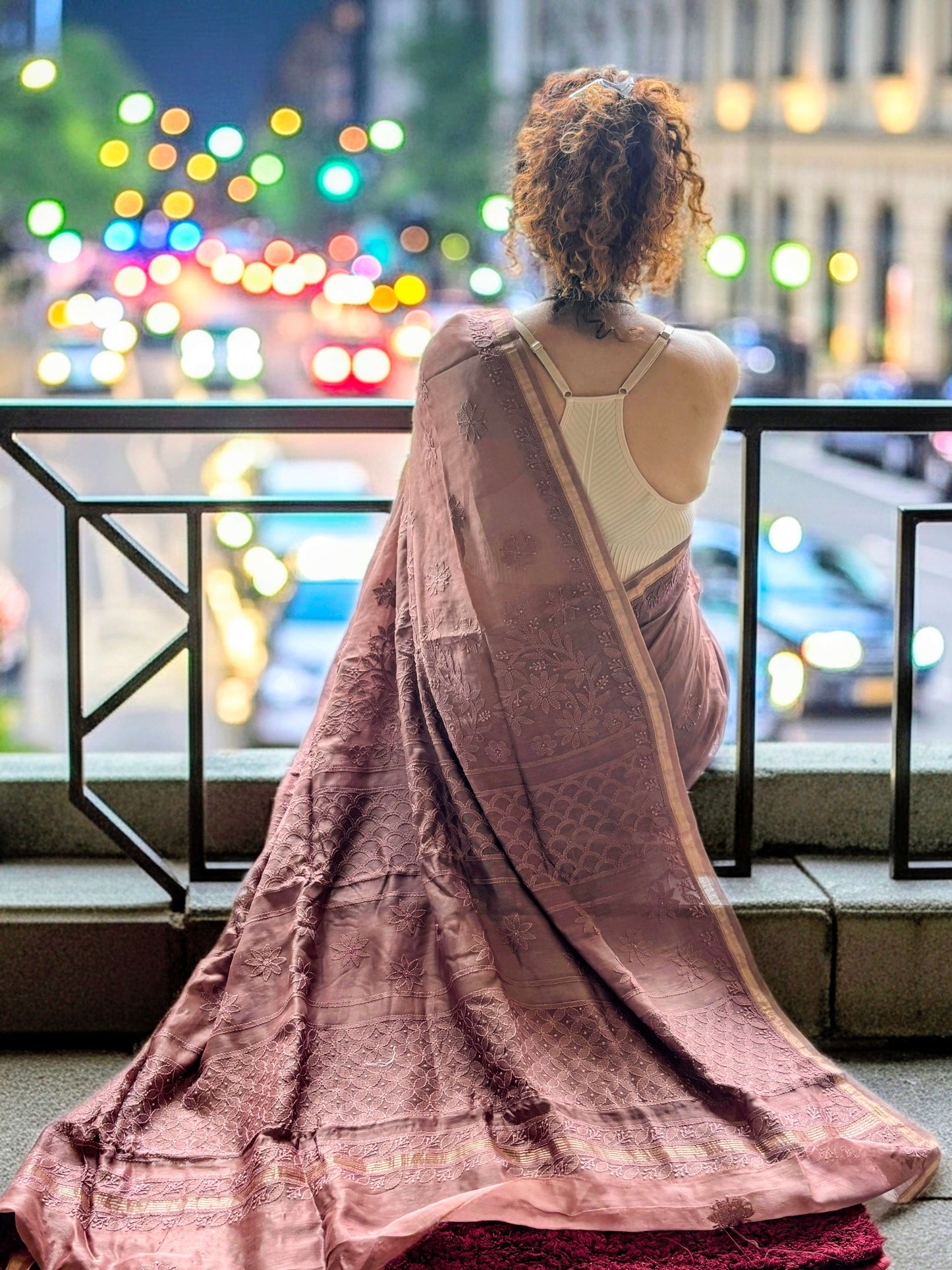 Mud brown chikankari Saree I Handcrafted