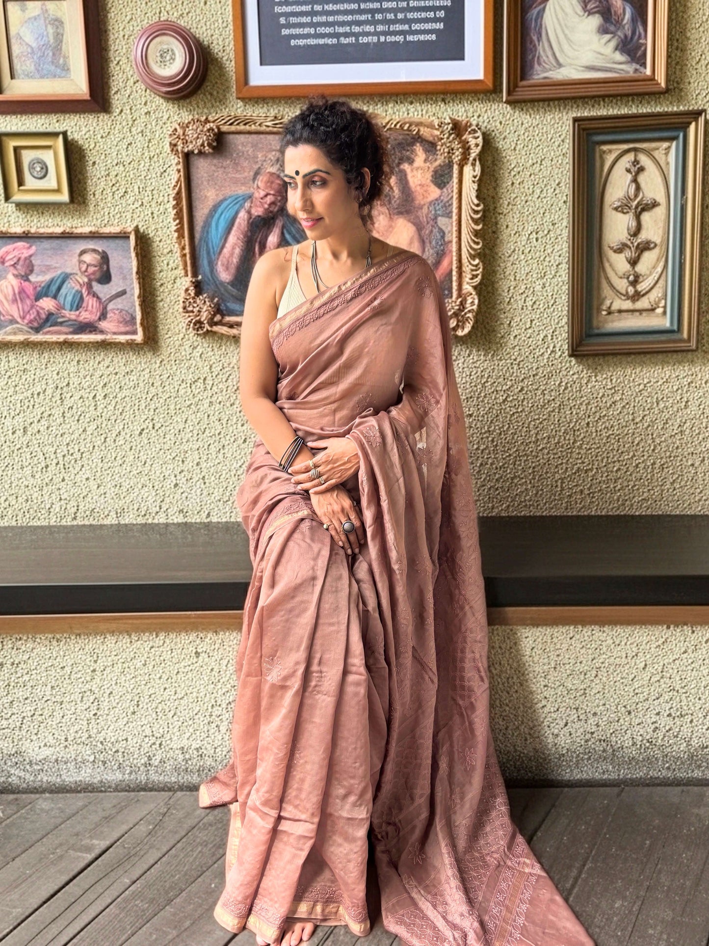 Mud brown chikankari Saree I Handcrafted