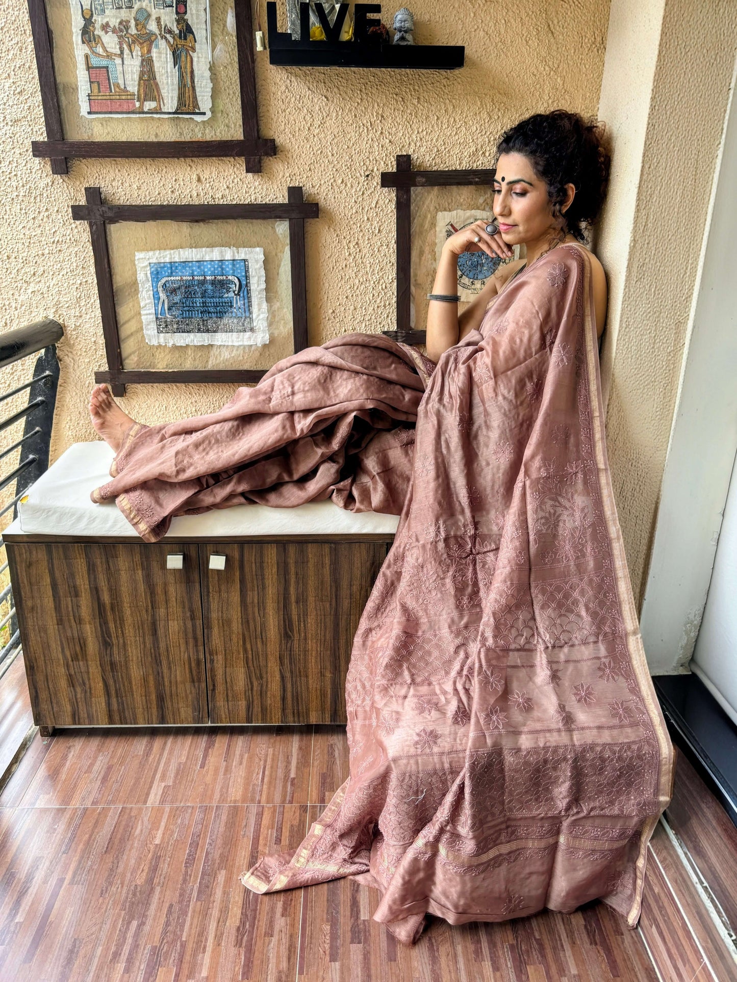 Mud brown chikankari Saree I Handcrafted