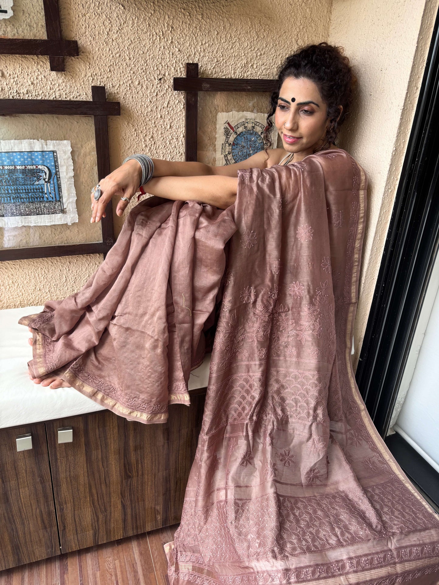 Mud brown chikankari Saree I Handcrafted