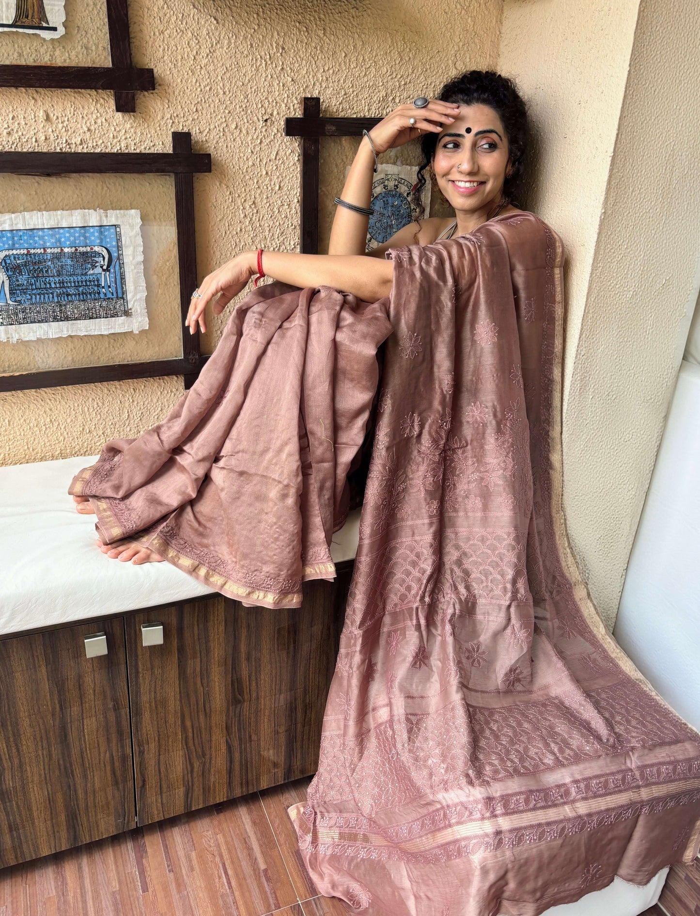 Mud brown chikankari Saree I Handcrafted