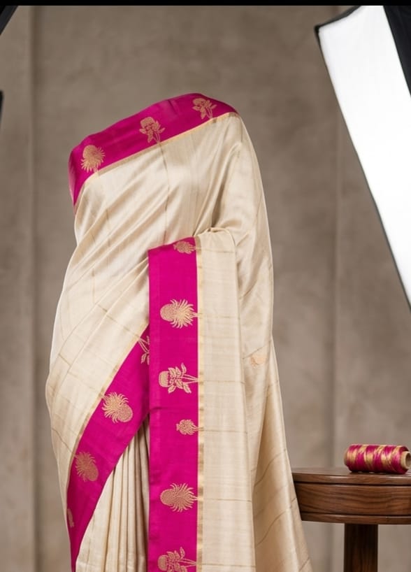 Cream Chanderi Silk Saree I Silk mark I Handwoven