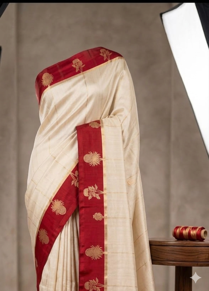 Cream red Chanderi Silk Saree I Silk mark I Handwoven