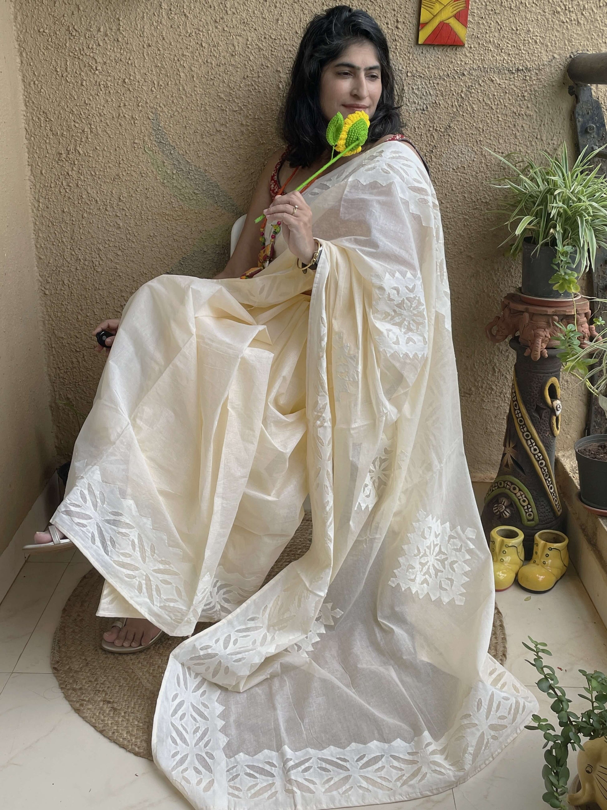 ivory Applique work Cotton Sarees – Forsarees