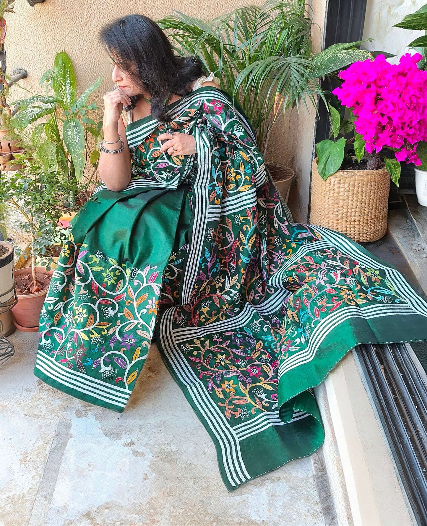 Green Silk with Kantha Stitch