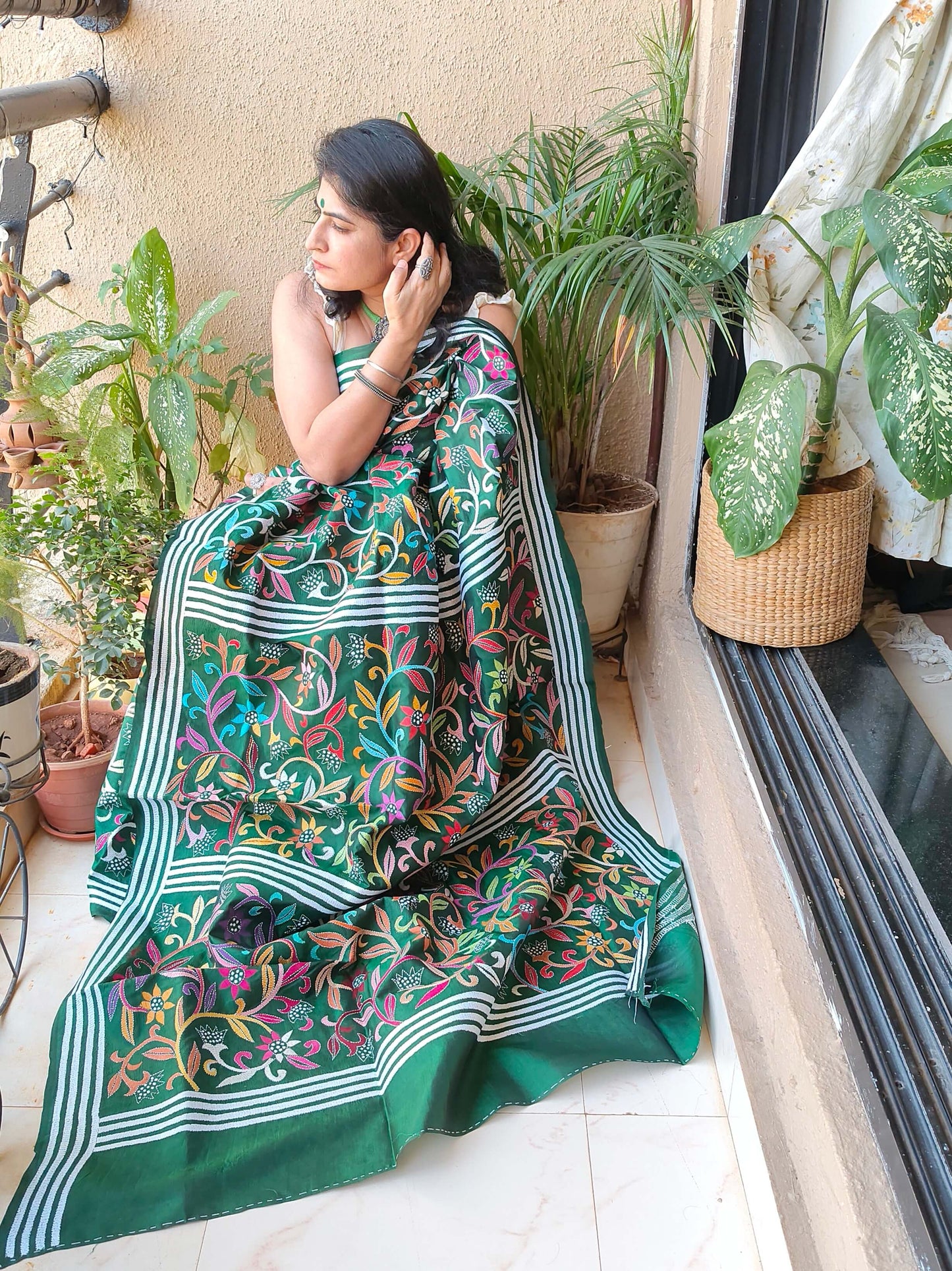 Green Silk with Kantha Stitch