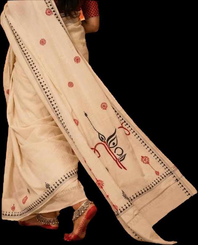 Durga Saree I Kantha stitch embroidery I White cotton