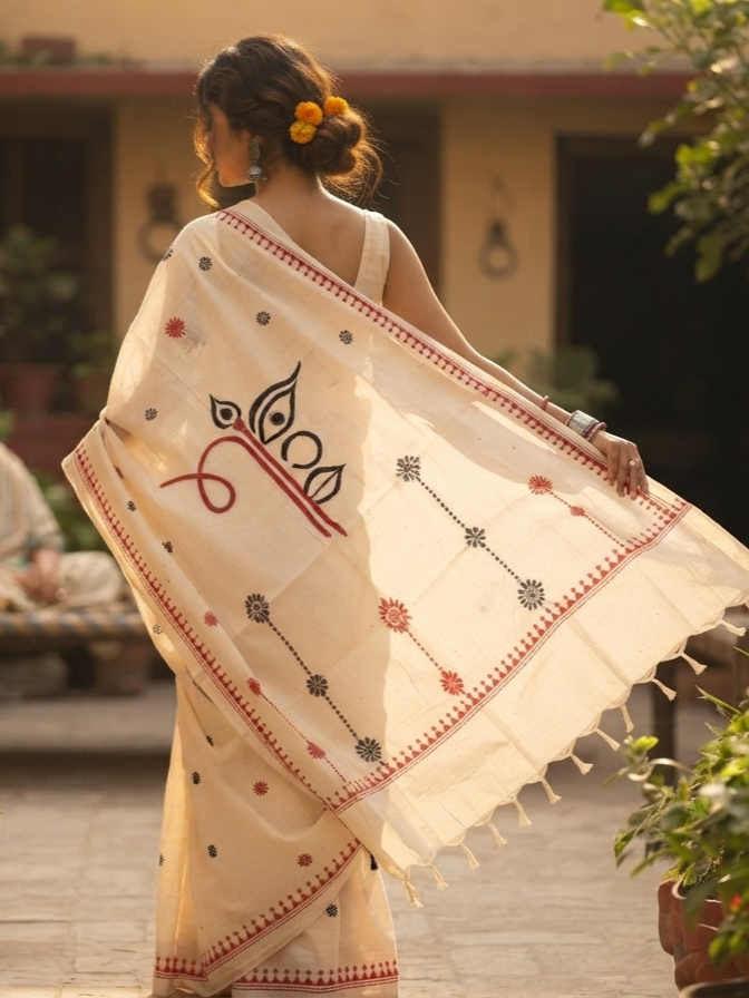 Durga Saree I Kantha stitch embroidery I White cotton