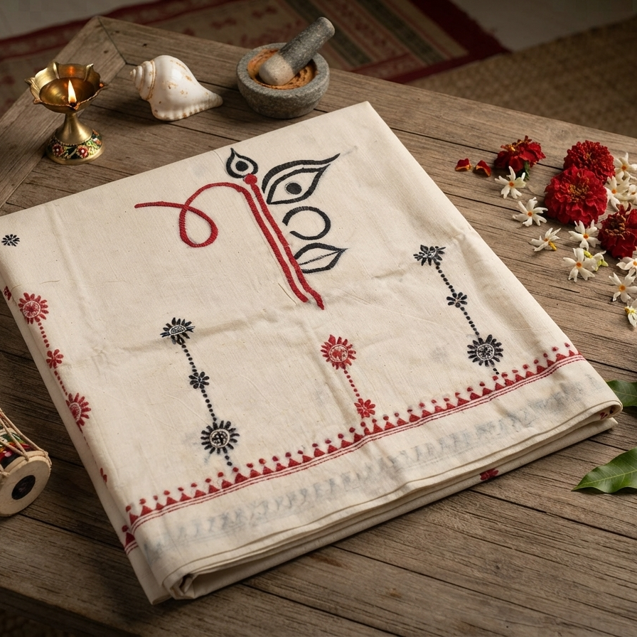 A folded cream-colored cotton handkerchief with red and black embroidery, displayed on a rustic wooden table surrounded by decorative props like a brass lamp, seashell, mortar and pestle, flowers, and a small drum.