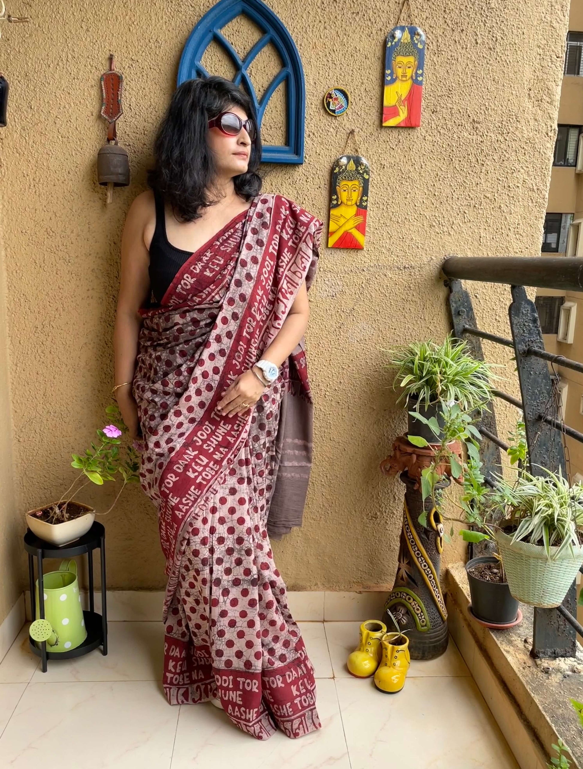 ekla cholo re saree cotton dabu print