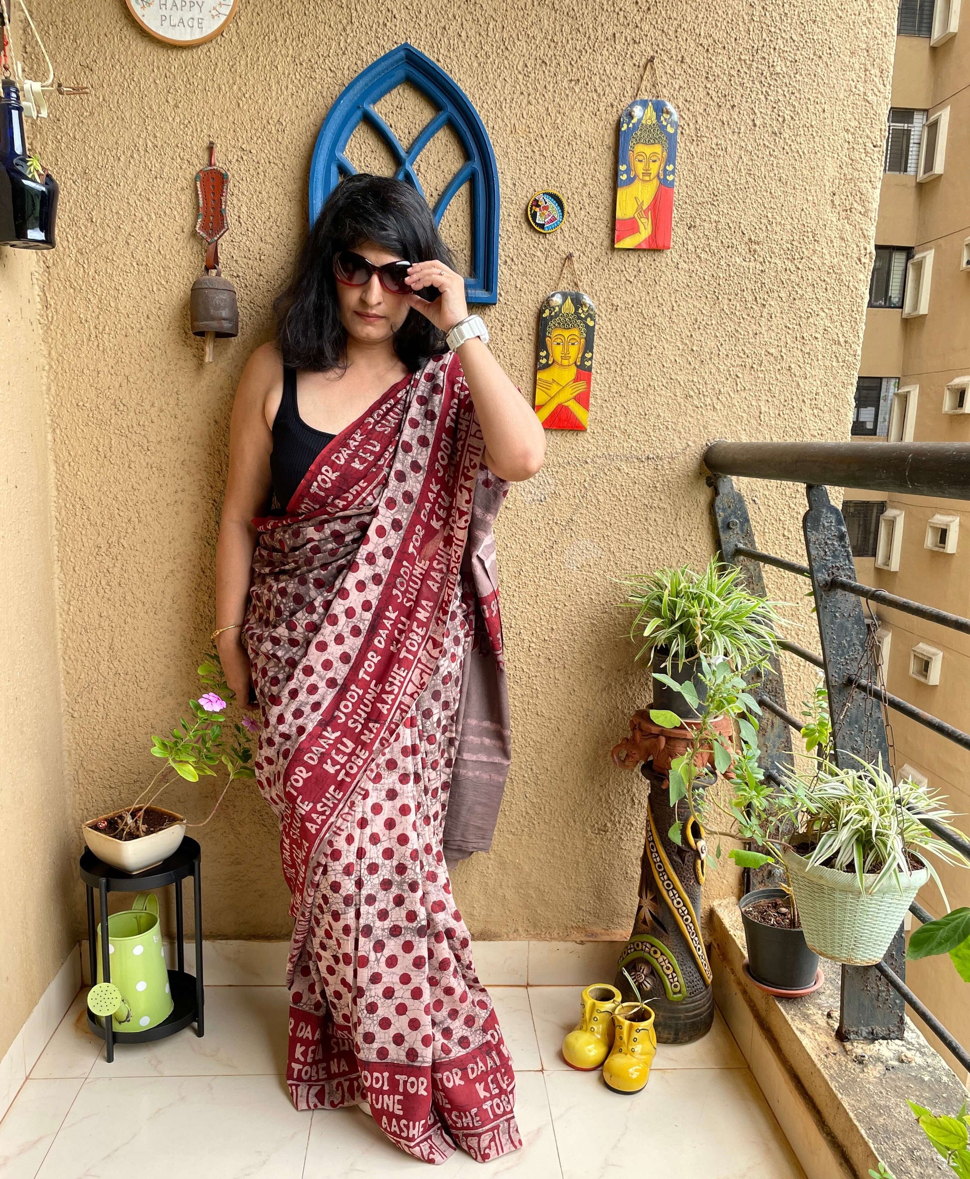 ekla cholo re saree cotton dabu print