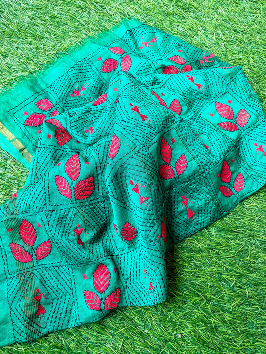 Green Chanderi kantha blouse fabric