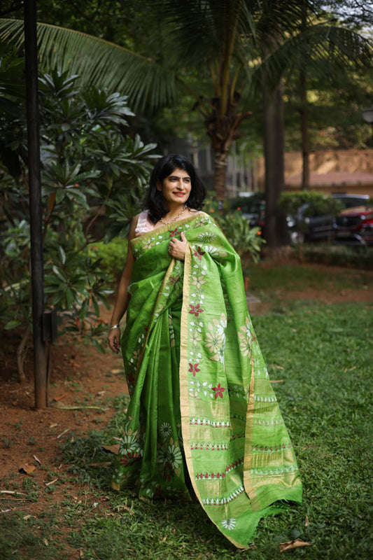 Green Kosa Silk with Kantha Stitch