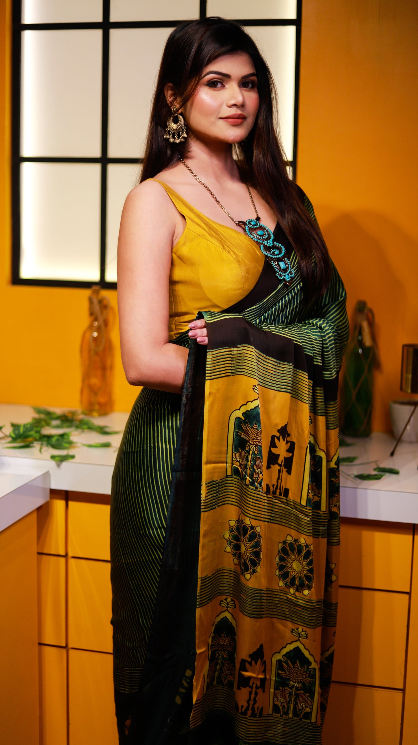 Forest Green Modal Silk Saree I Ajrakh