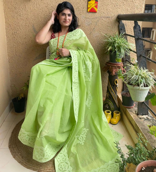 Green Applique Cotton Saree