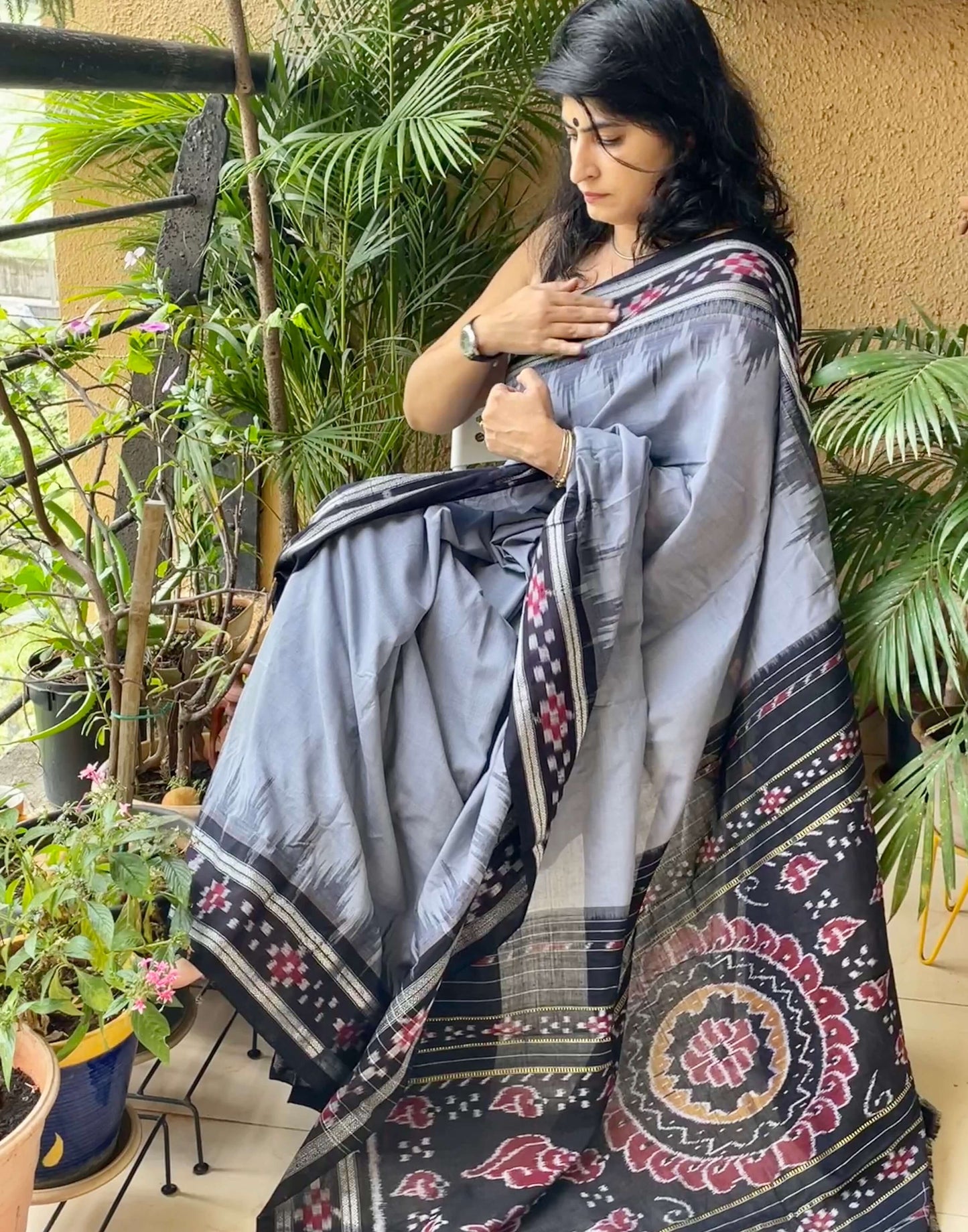 Grey Bandha Ikat Cotton Saree