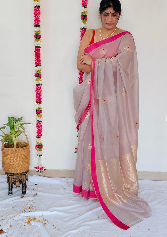 Grey  Mubarakpur Zari Saree
