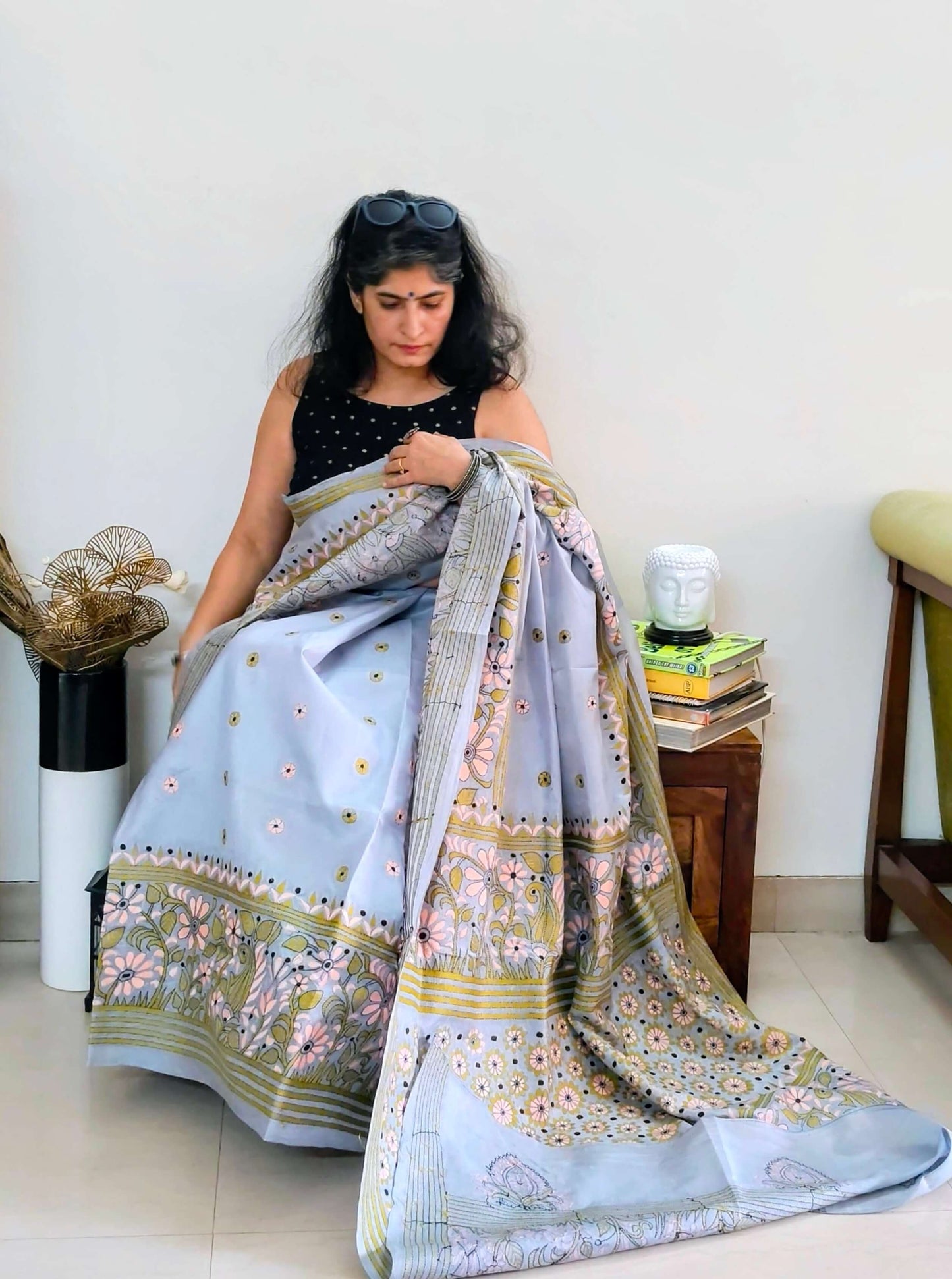 Grey Silk with Kantha Stitch Saree