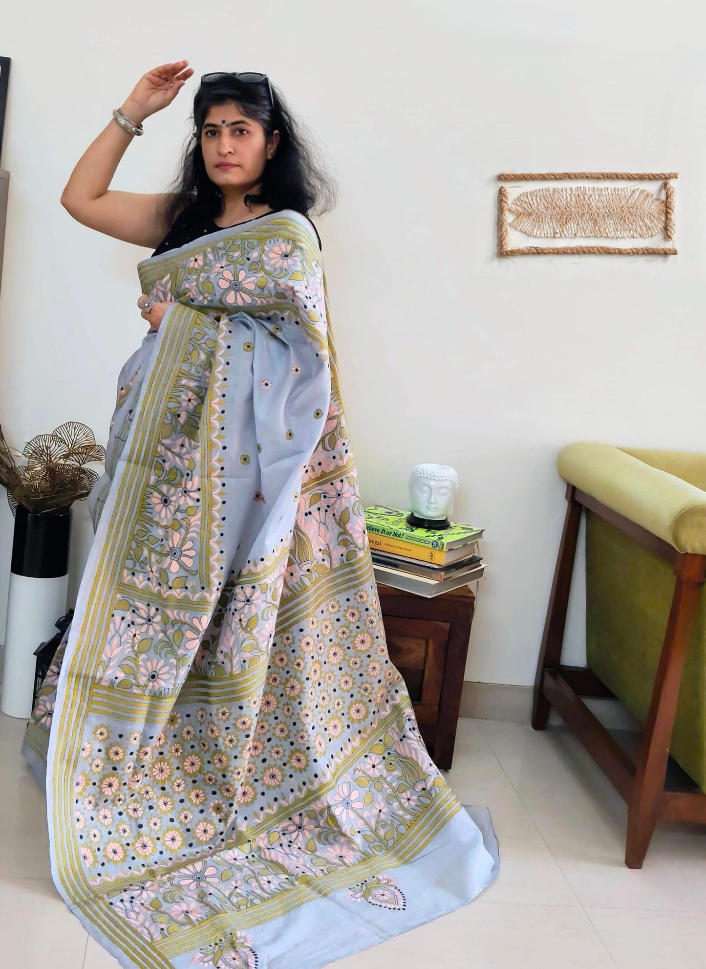 Grey Silk with Kantha Stitch Saree