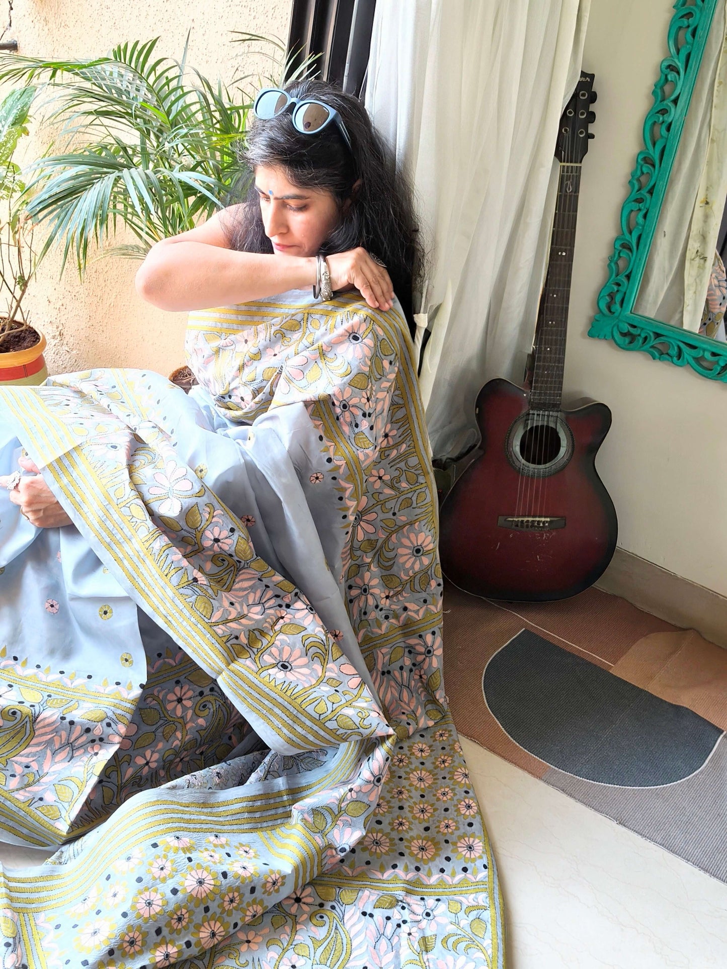Grey Silk with Kantha Stitch Saree