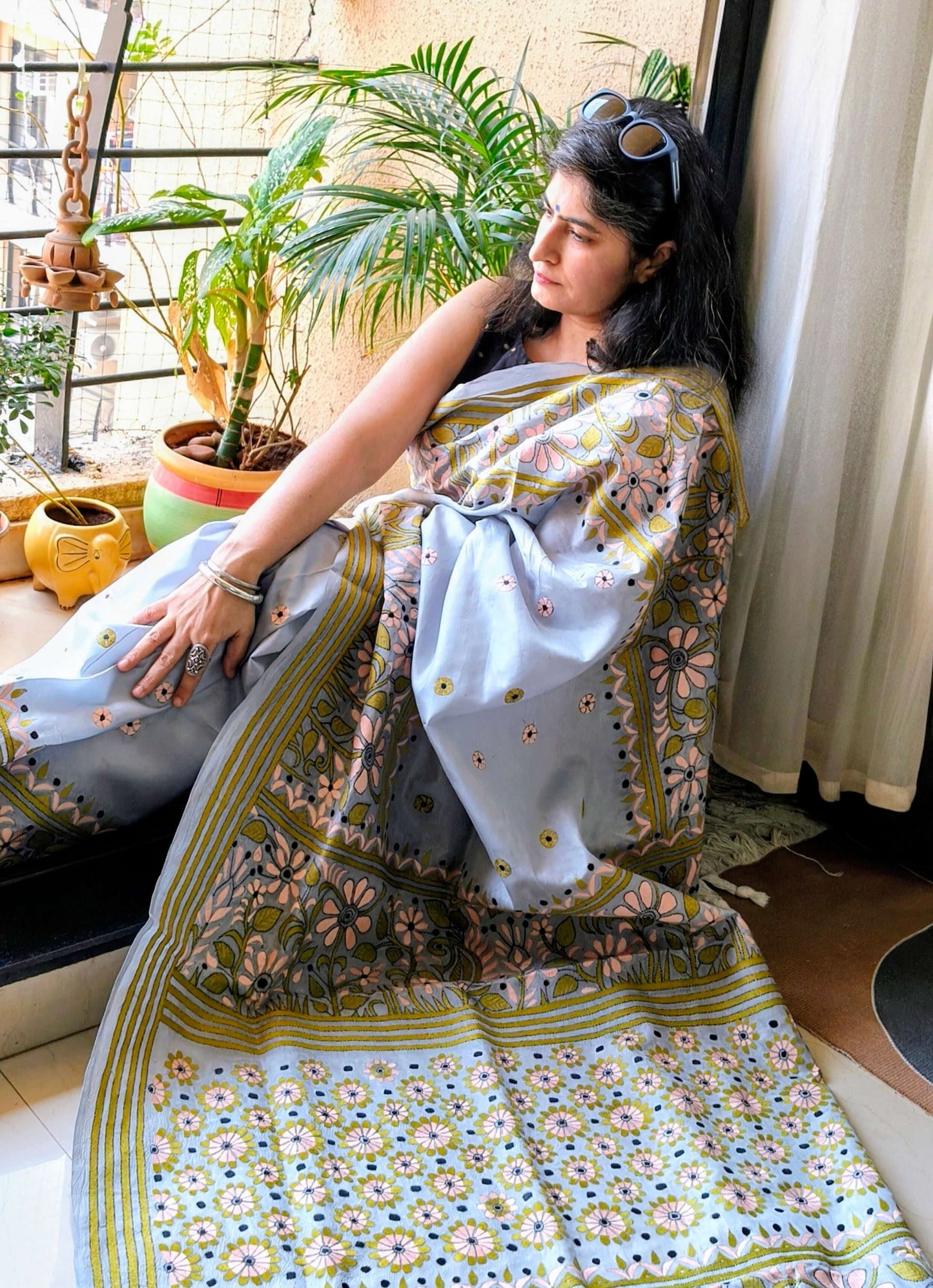 Grey Silk with Kantha Stitch Saree