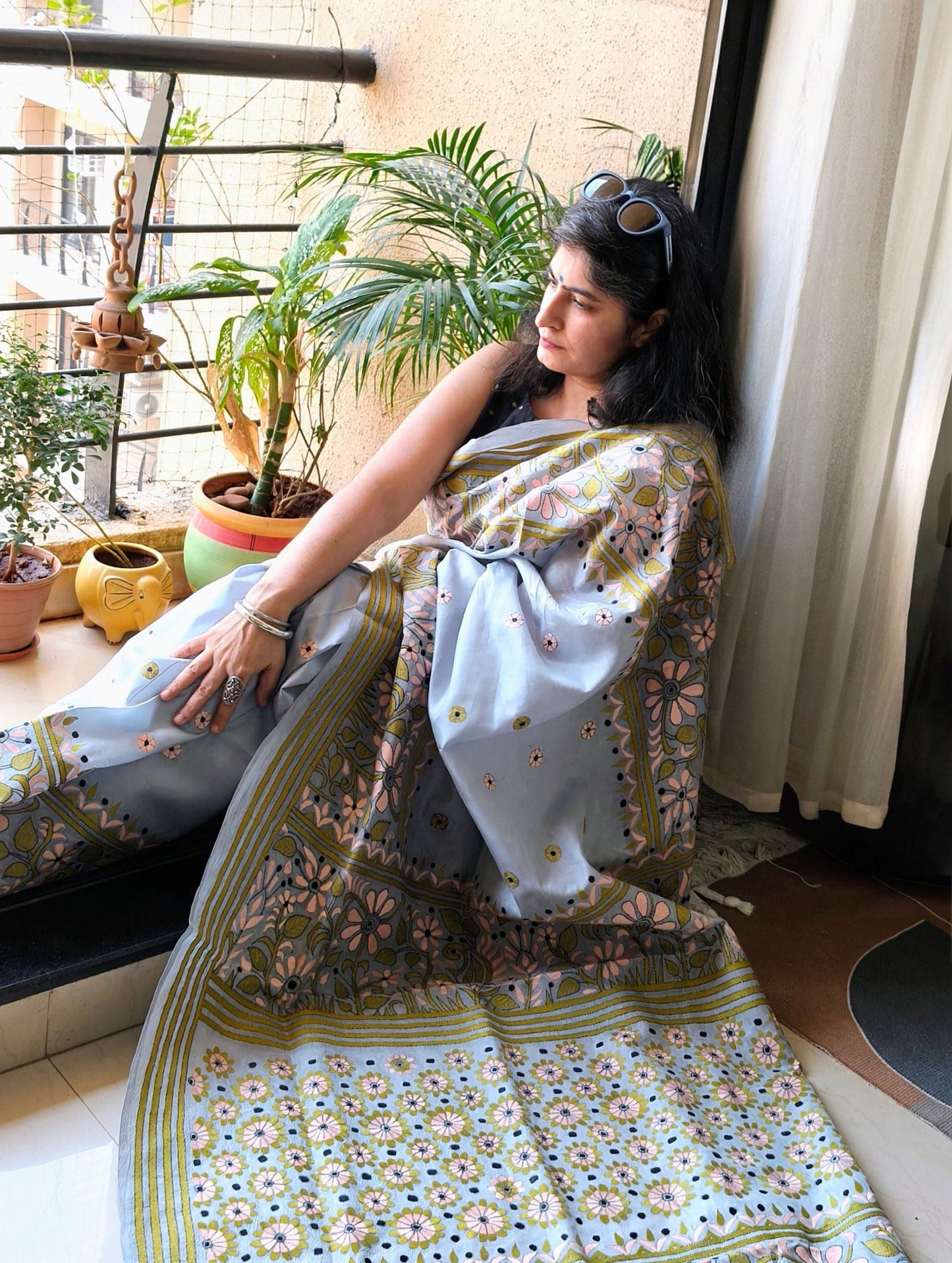 Grey Silk with Kantha Stitch Saree