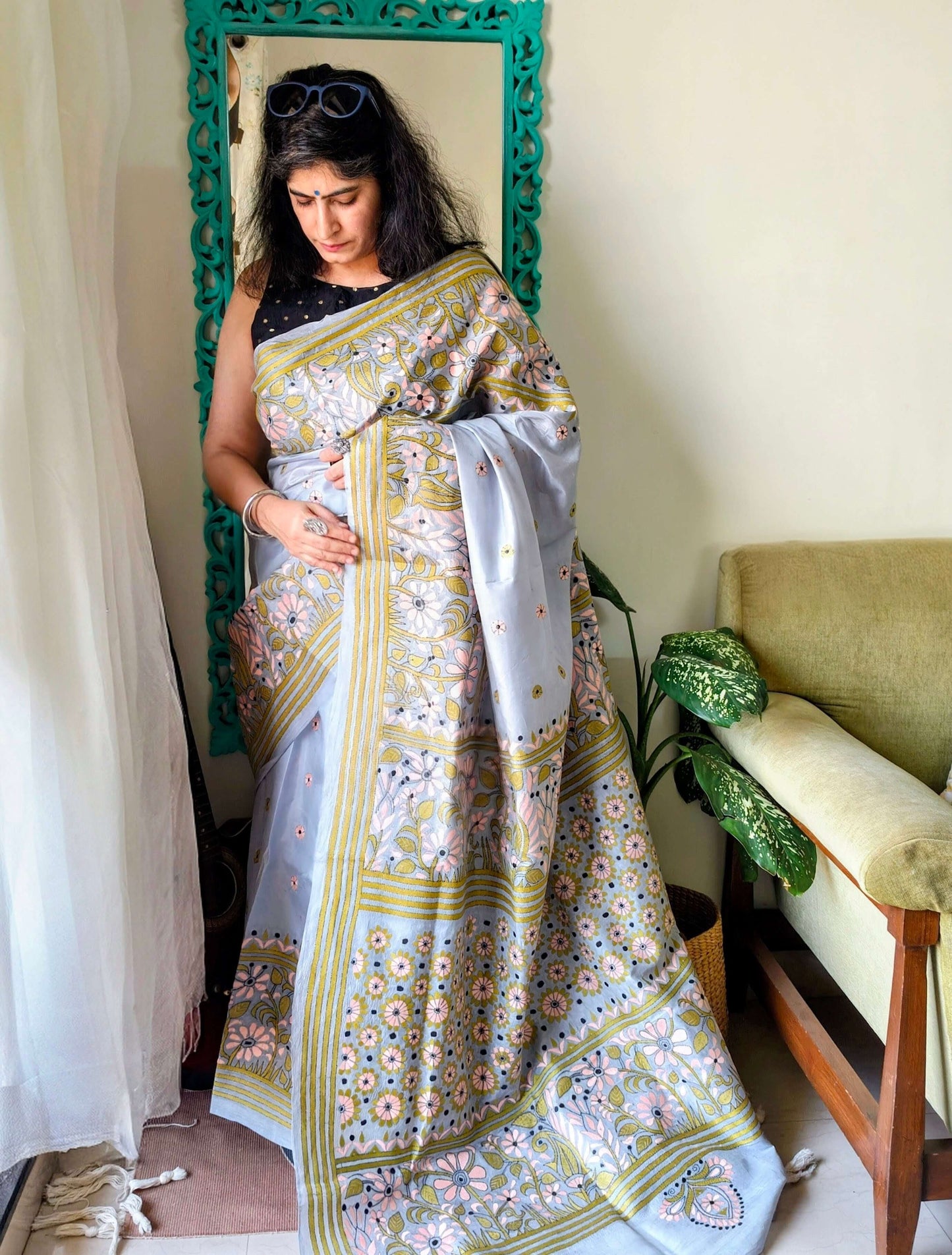 Grey Silk with Kantha Stitch Saree