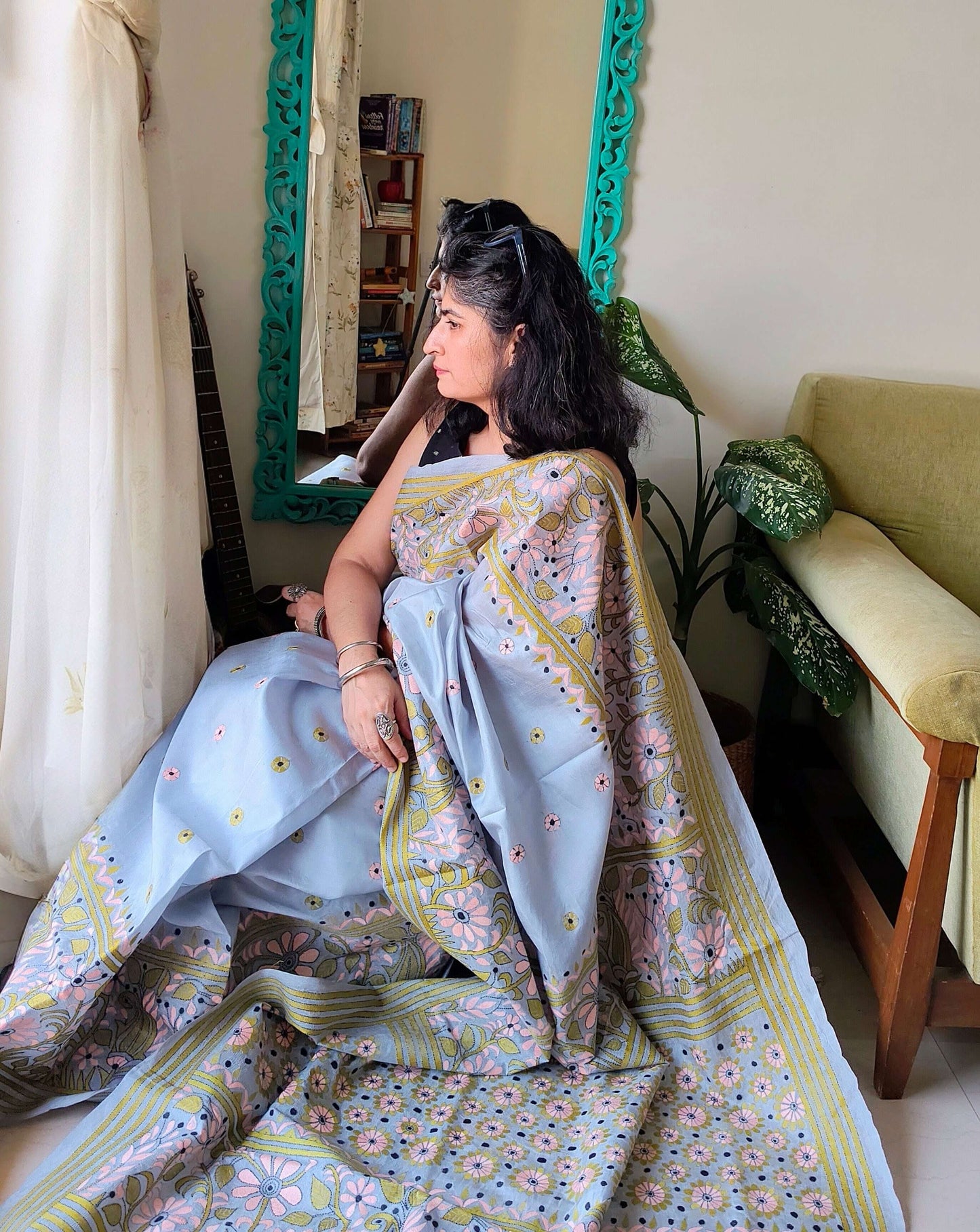 Grey Silk with Kantha Stitch Saree