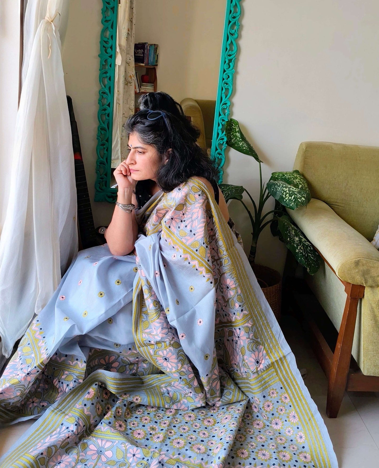 Grey Silk with Kantha Stitch Saree