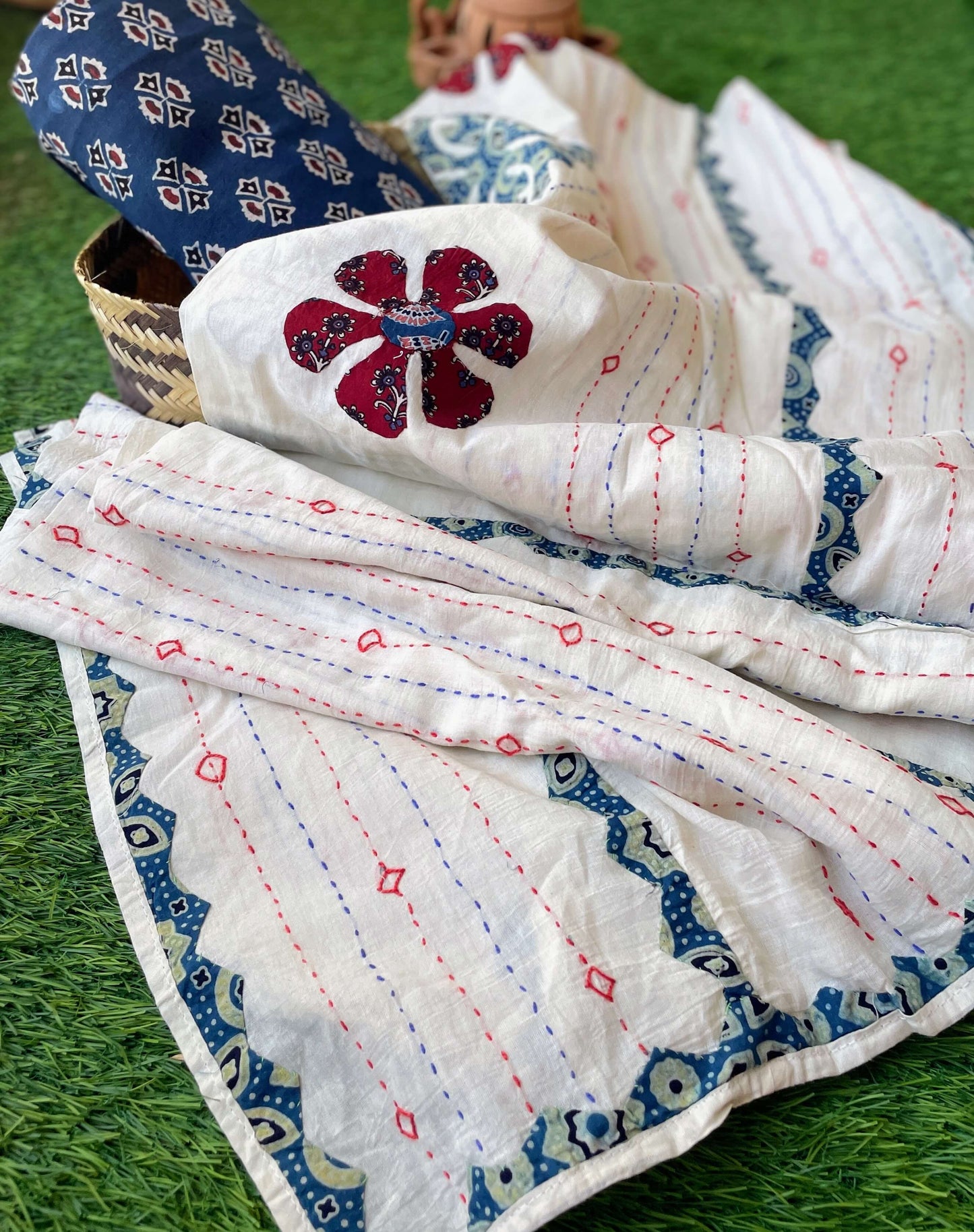 indigo kurta with white applique dupatta