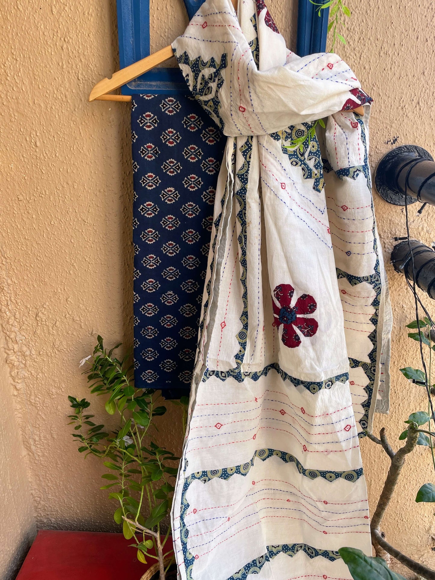 white indigo Applique Dupatta set
