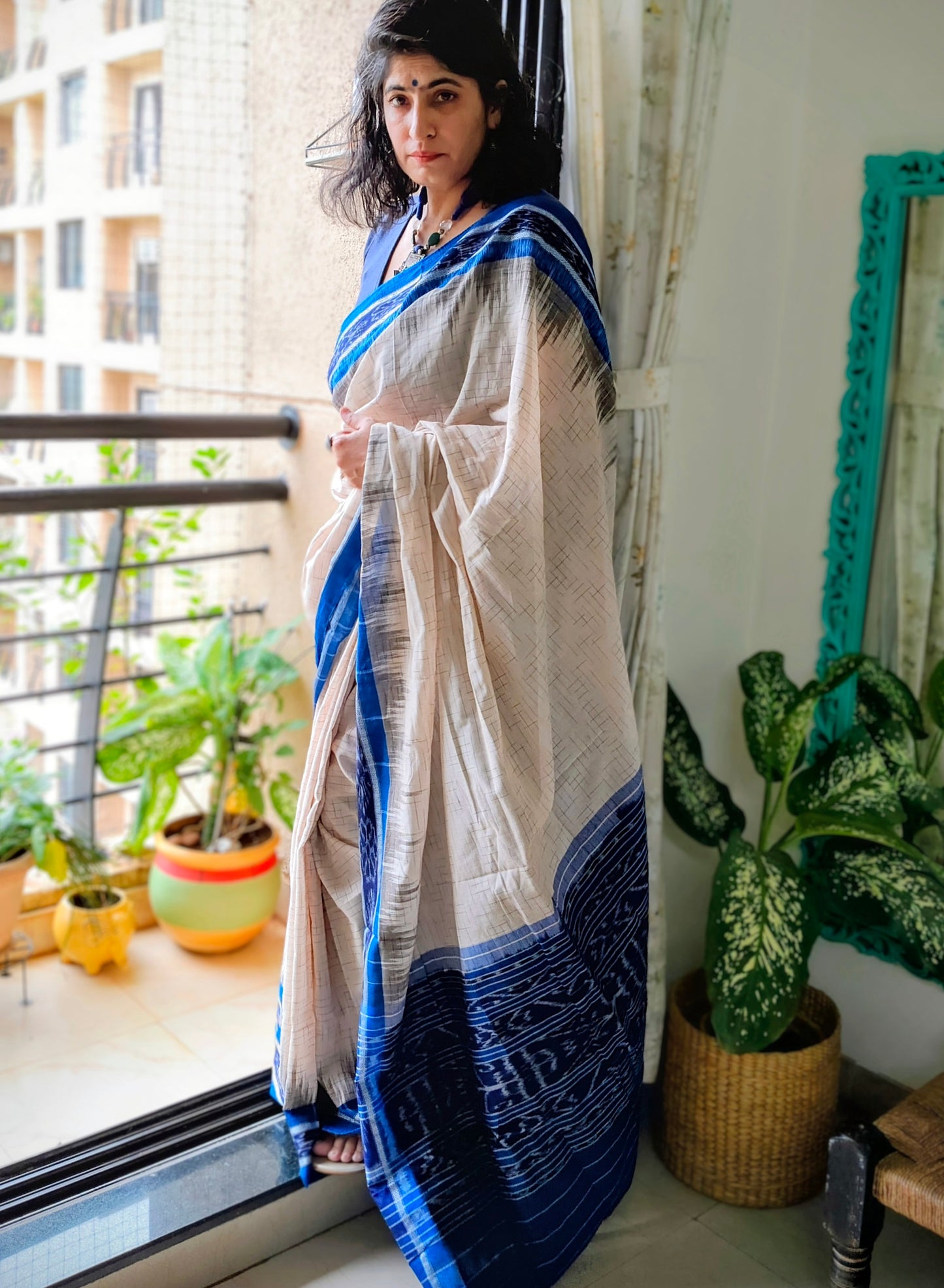 Jharna ikat White blue Cotton Saree