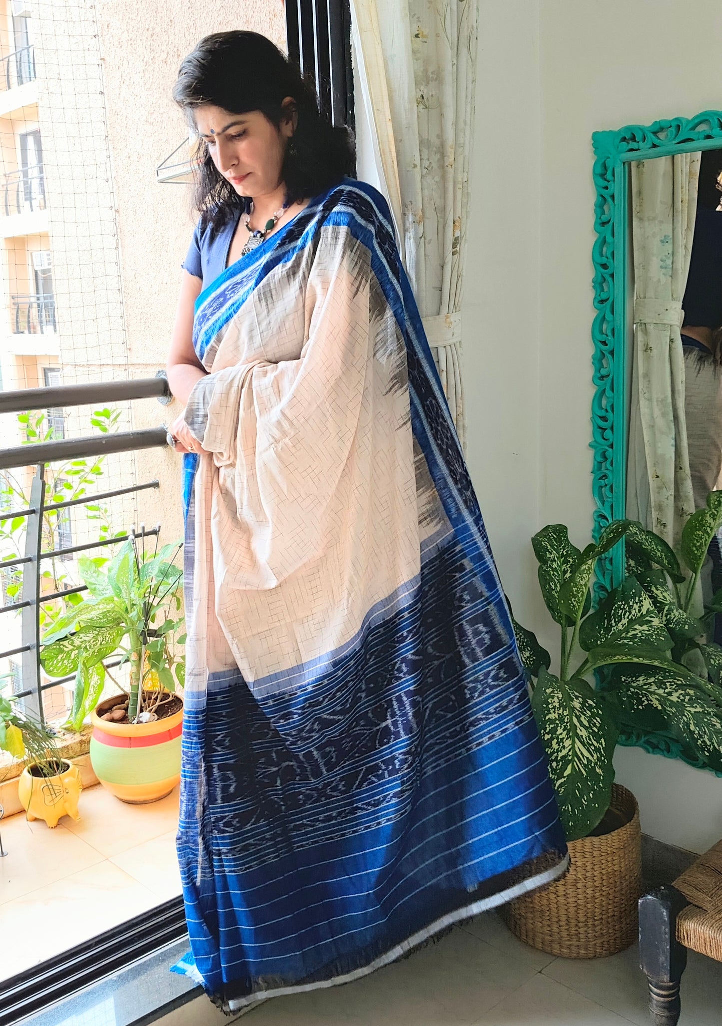 Jharna ikat White blue Cotton Saree