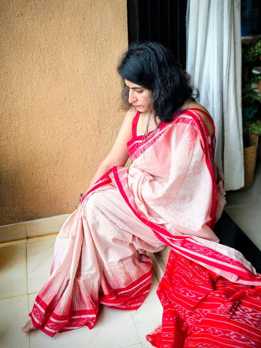 Jharna ikat White red Cotton Saree