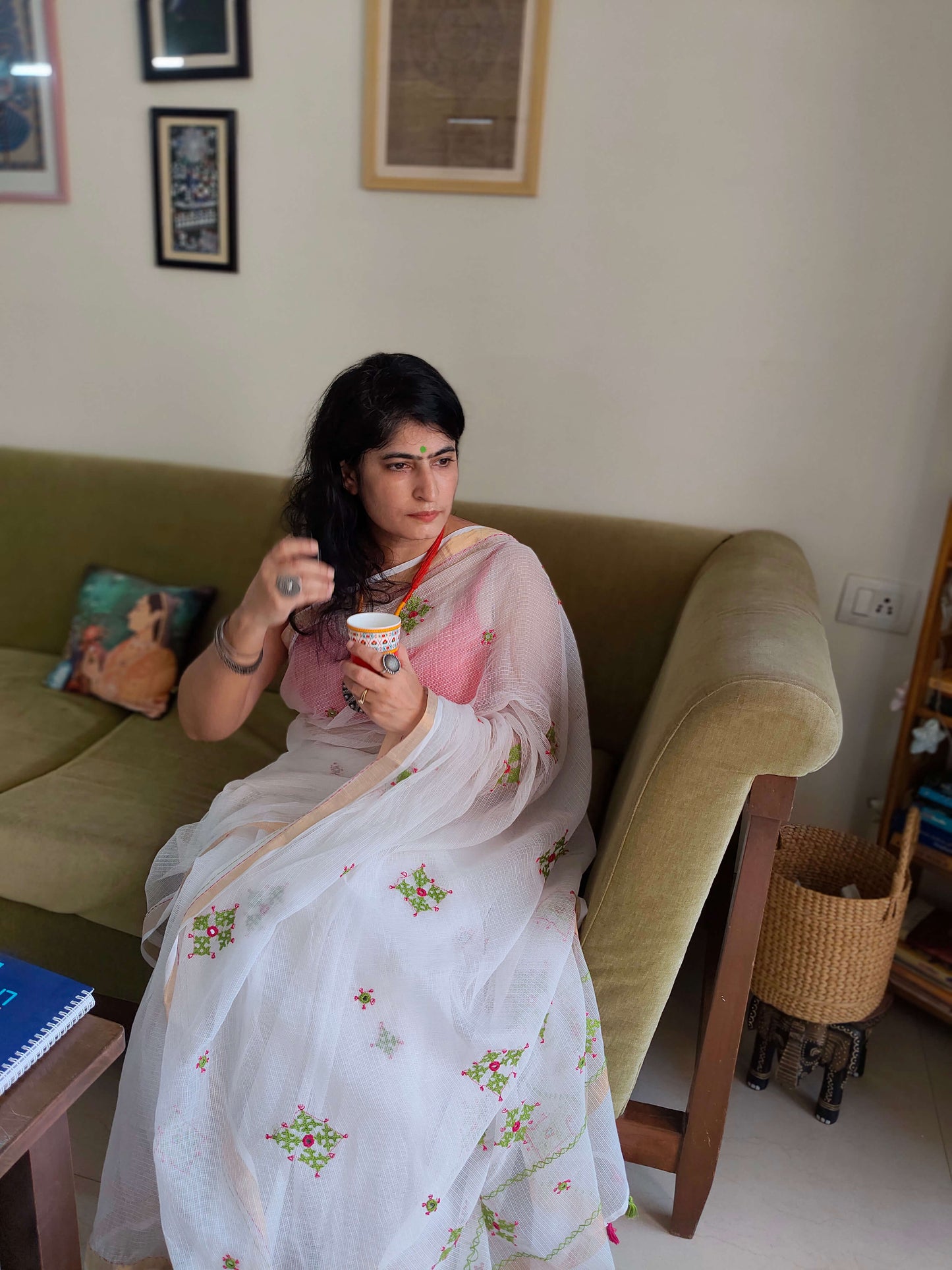 Ivory white Kota Saree with hand embroidery I Handcrafted