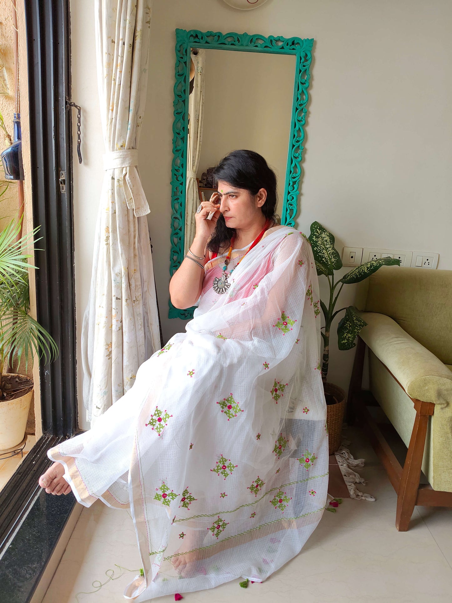 Ivory white Kota Saree with hand embroidery I Handcrafted