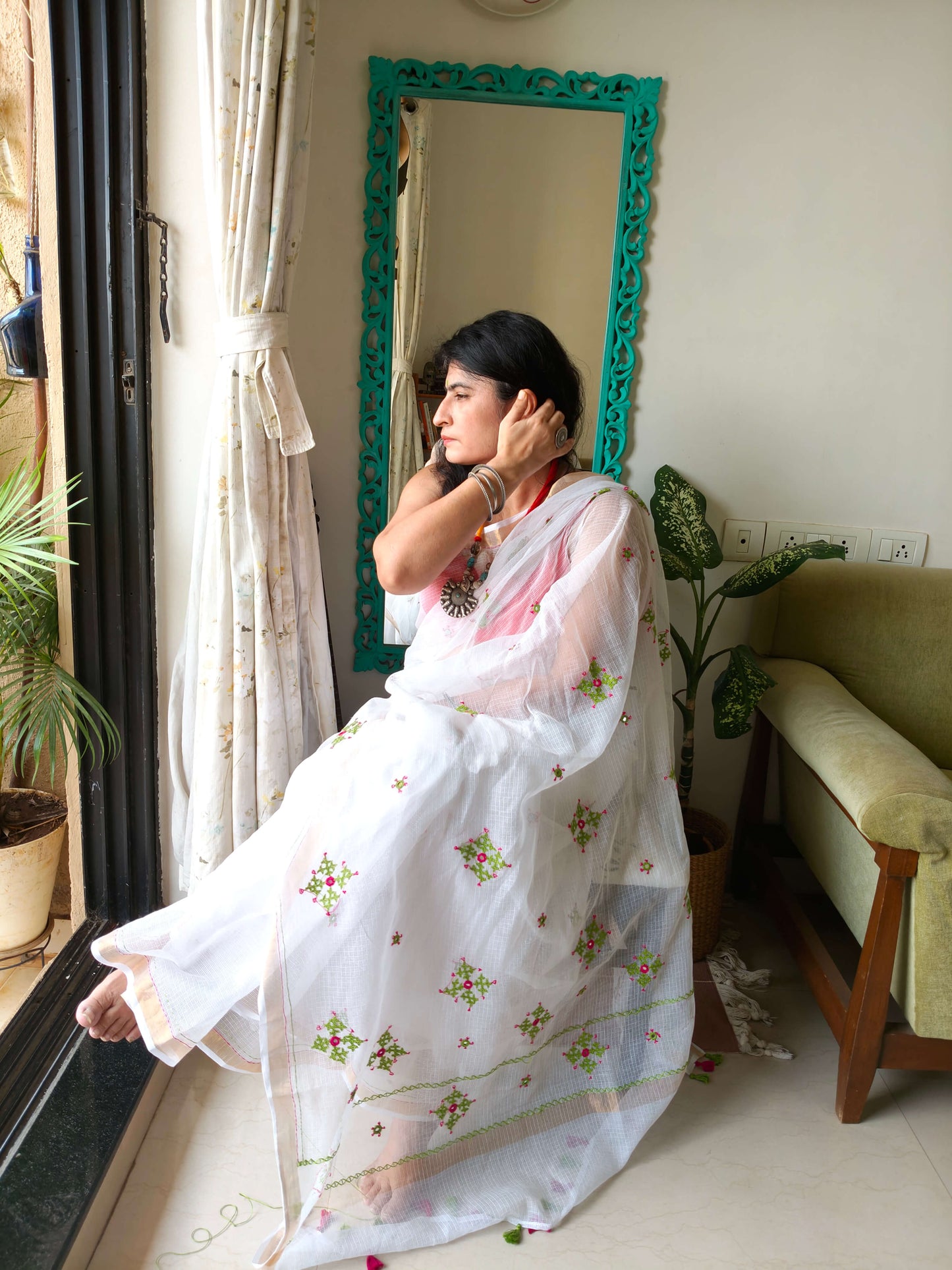 Ivory white Kota Saree with hand embroidery I Handcrafted