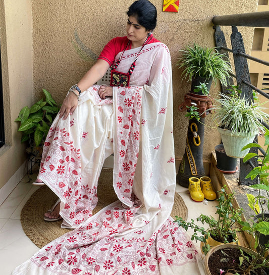 Off White red cotton Kantha saree