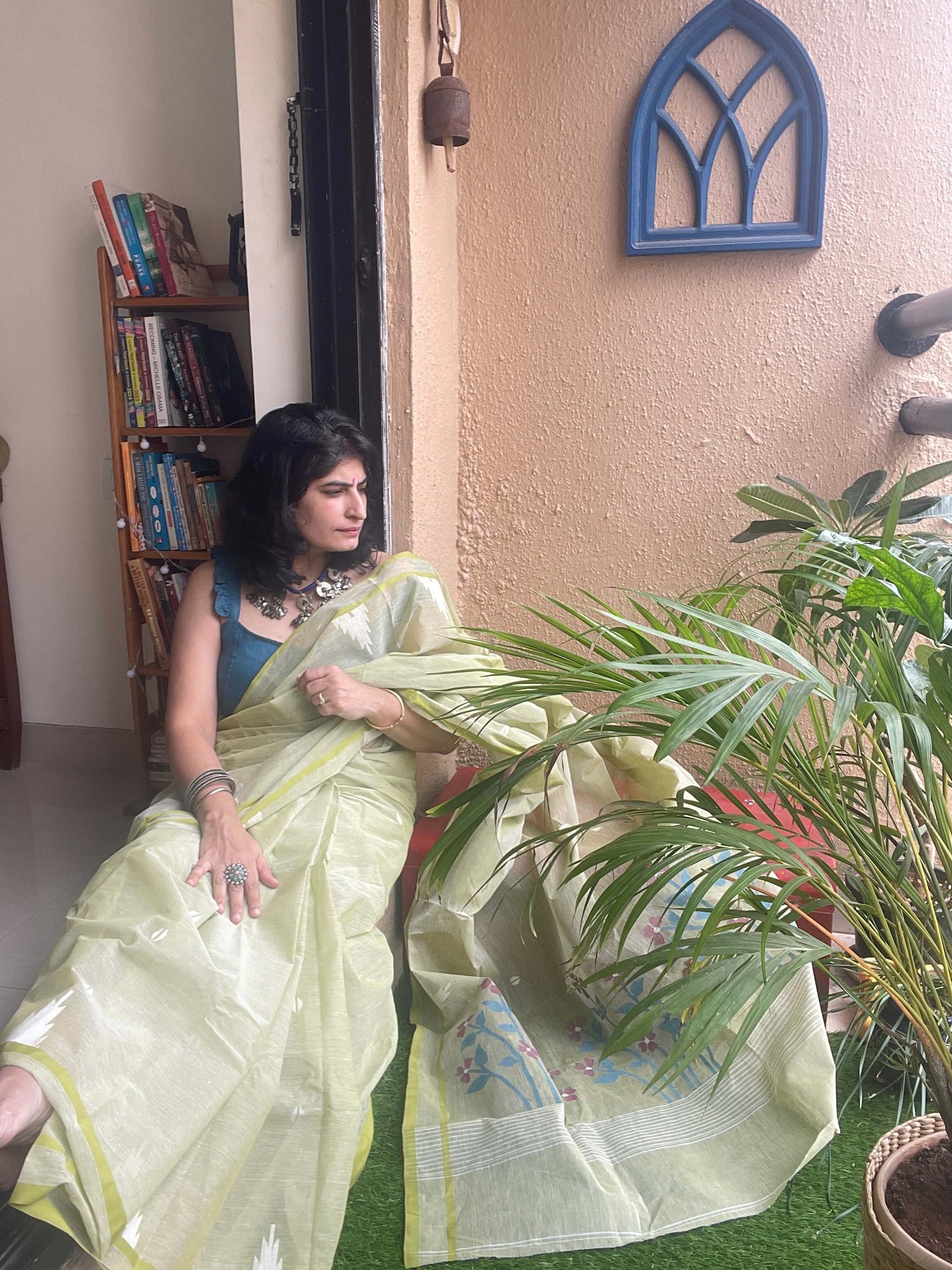 Sage Green Jamdani cotton saree