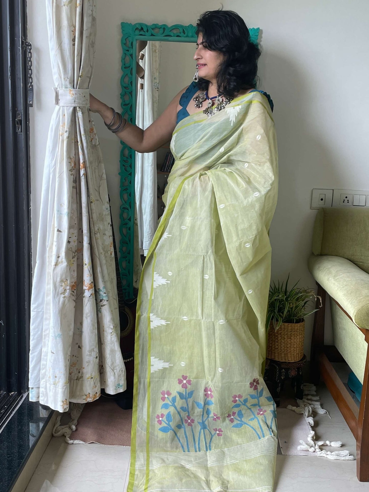 Sage Green Jamdani cotton saree
