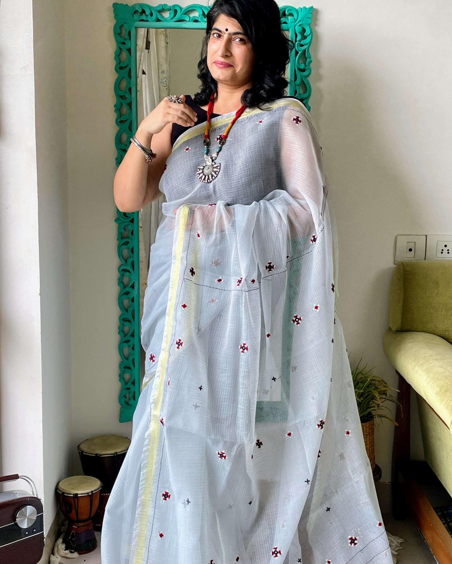 Light grey Kota embroidered Saree