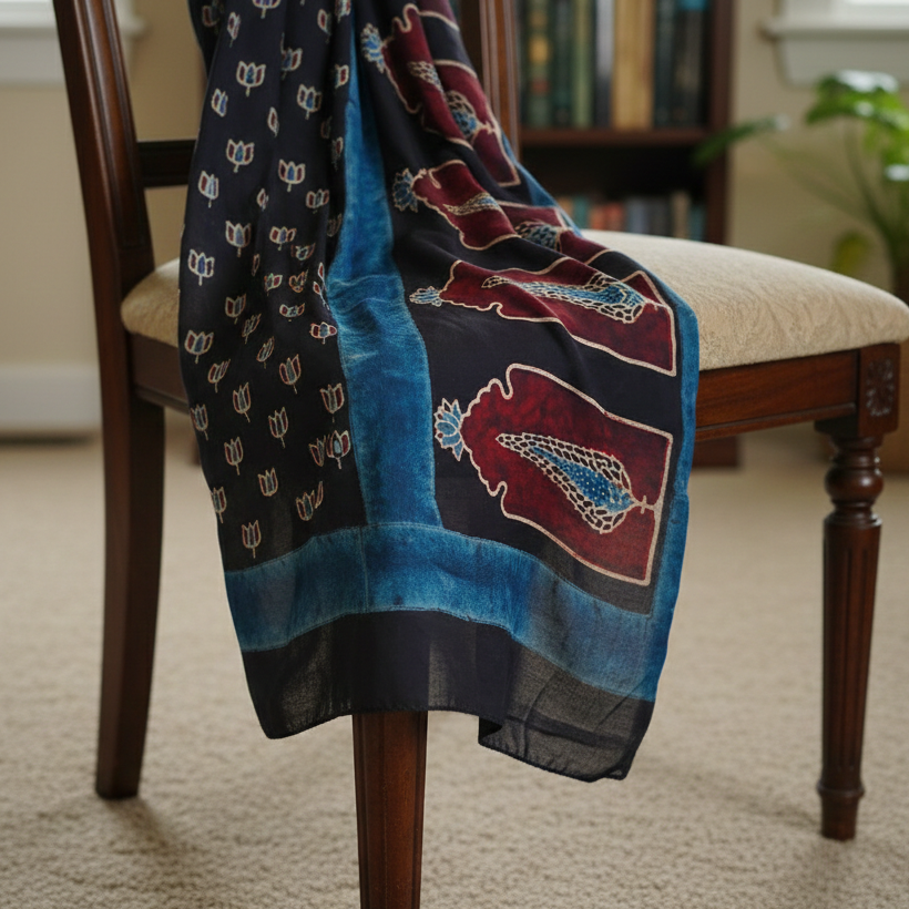 Black Ajrakh silk Stole