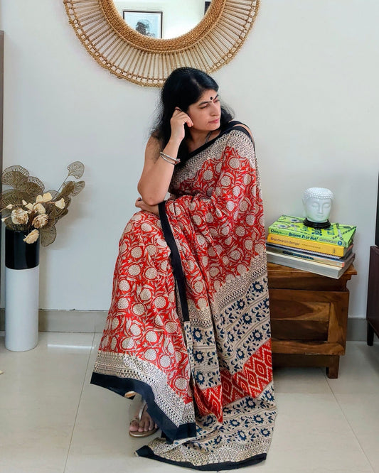 Maroon Cotton Bagru Block print | Handcrafted Sarees