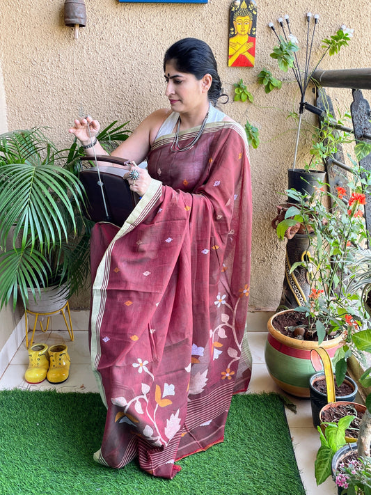 Maroon Jamdani cotton saree