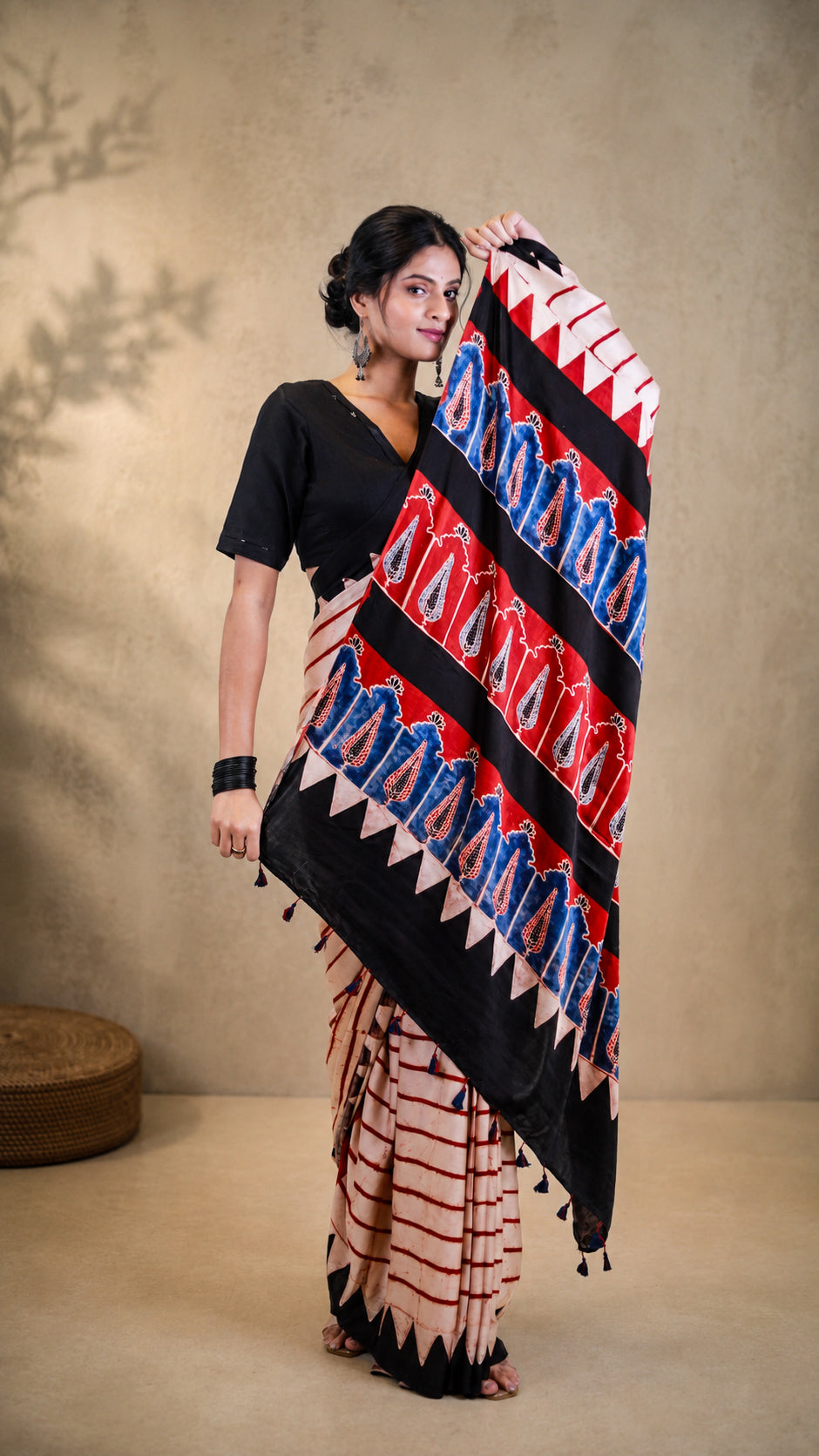 Red striped Modal Silk Saree I Ajrakh